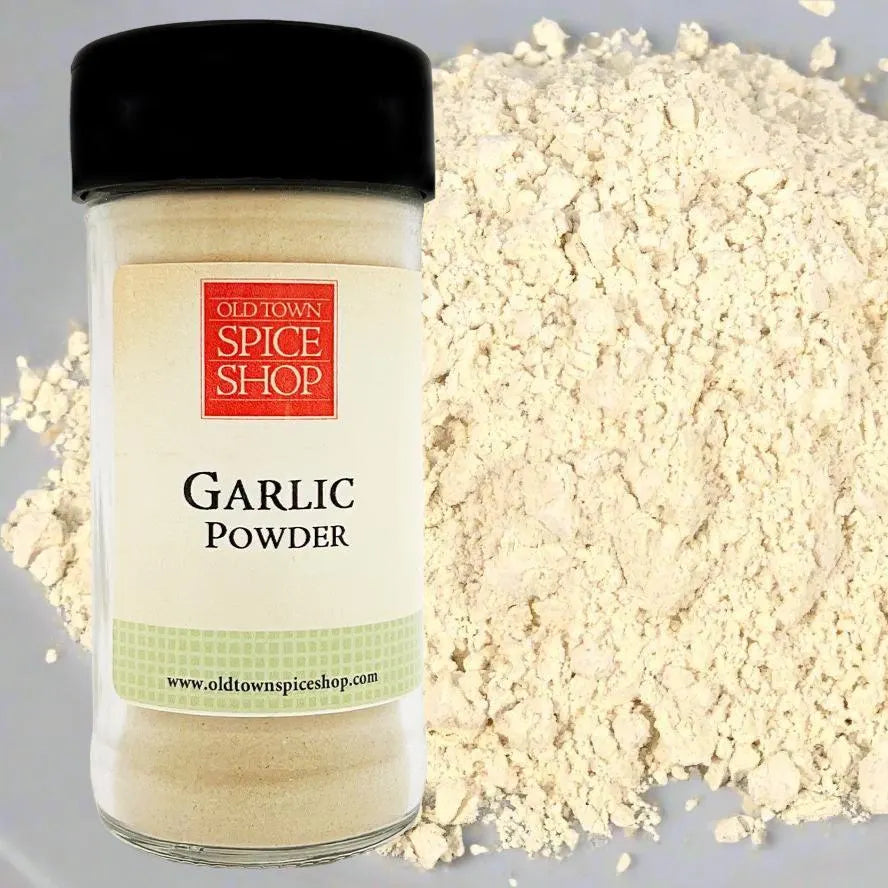 Jar of Old Town Spice Shop Garlic Powder with a gray background