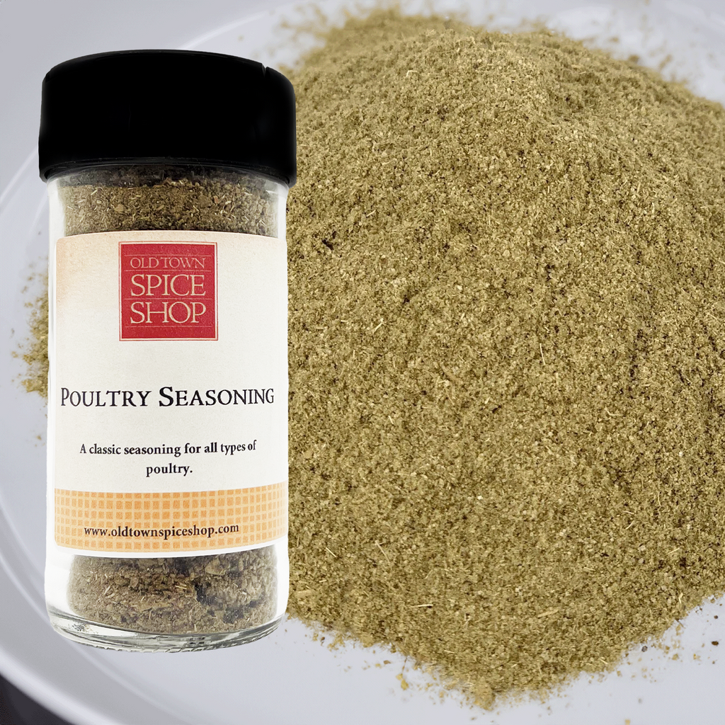 Poultry seasoning jar from Old Town Spice Shop with a pile of seasoning on a white plate