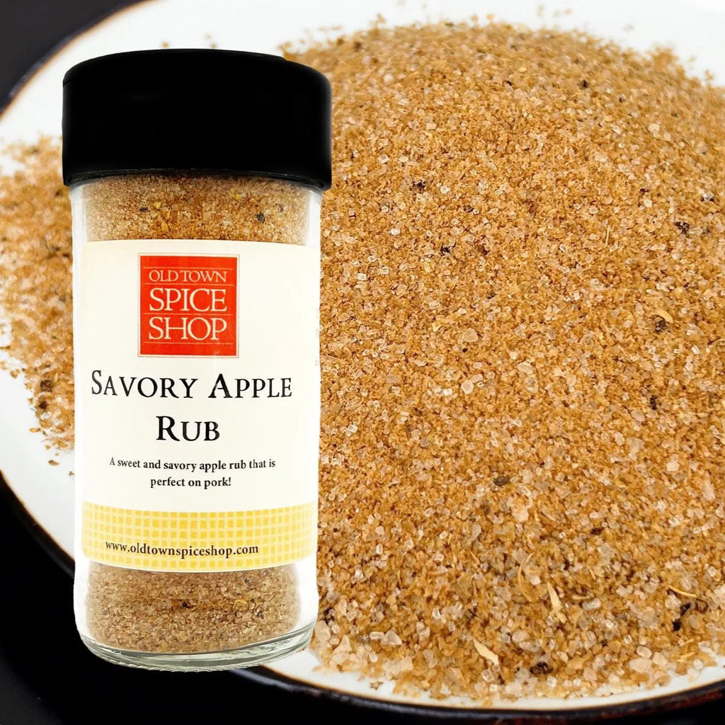 Savory Apple Rub spice jar from Old Town Spice Shop with a close-up of the spice on a plate.