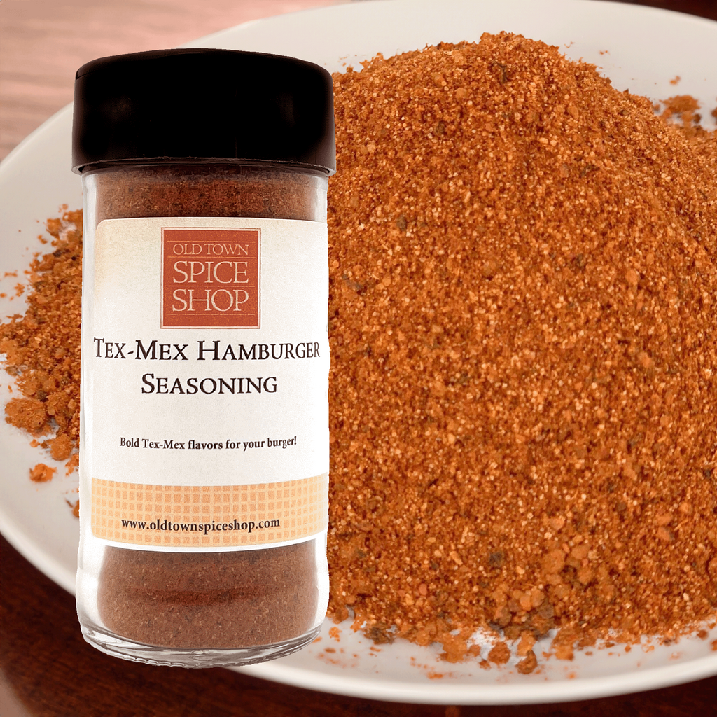 Jar of Old Town Spice Shop Tex-Mex Hamburger Seasoning on a plate with seasoning