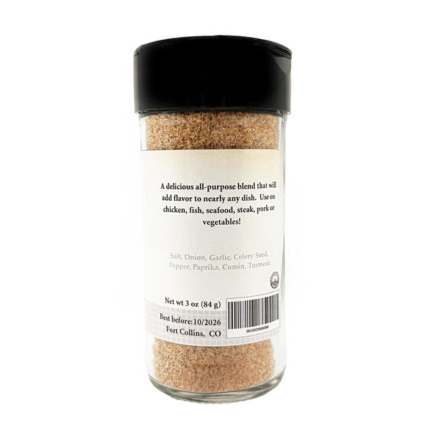 Spice jar with a black lid and label on a white background