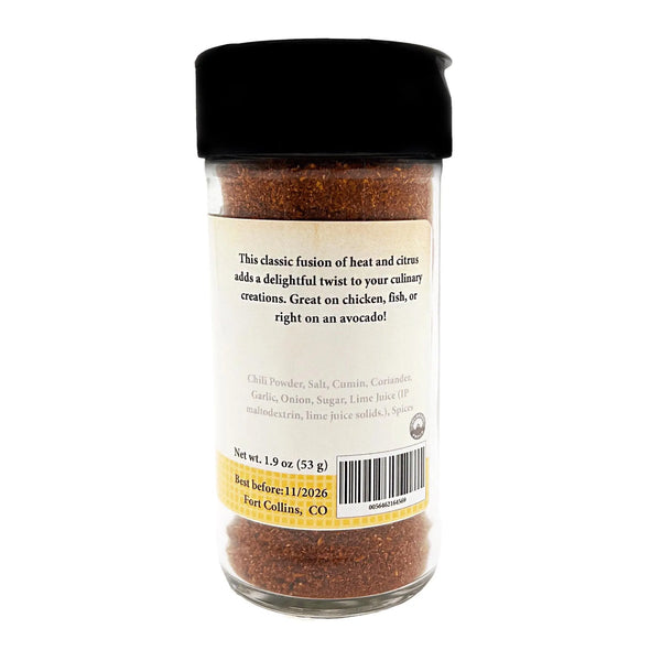 Spice jar with black lid and label on a white background