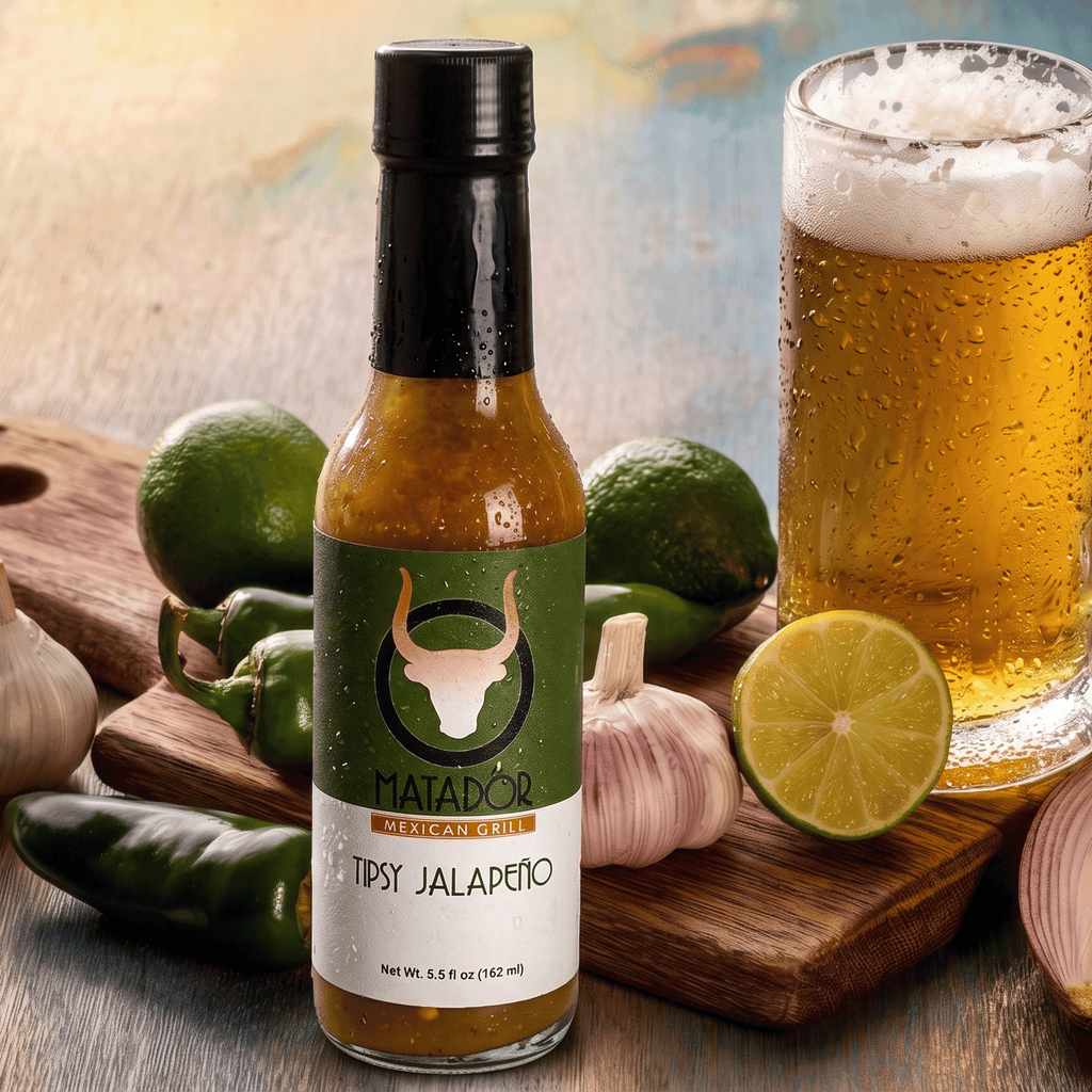 Matador Mexican Chilis bottle with a glass of beer and ingredients on a wooden board
