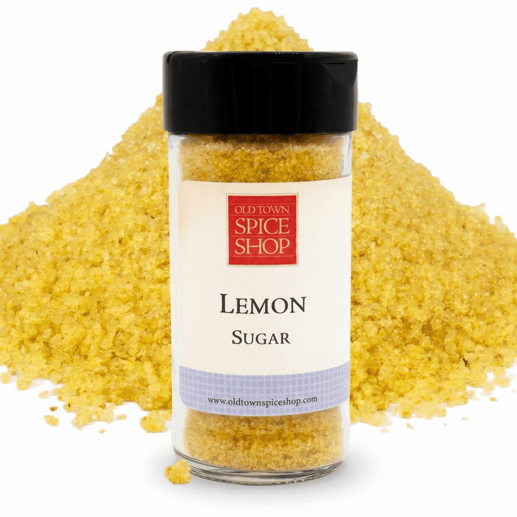 Jar of lemon sugar from Old Town Spice Shop with a white background