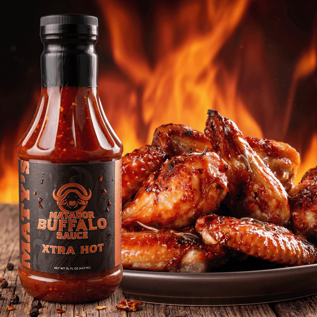 Bottle of Maty's Natacor Buffalo Sauce Xtra Hot with grilled chicken wings on a wooden surface.