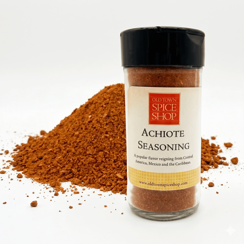 Jar of Achiote seasoning from Old Town Spice Shop with a white background