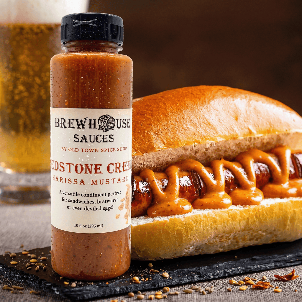 Bottle of Brewhouse Sauces Redstone Crema Harissa Mustard with a hot dog on a bun being drizzled with the sauce.