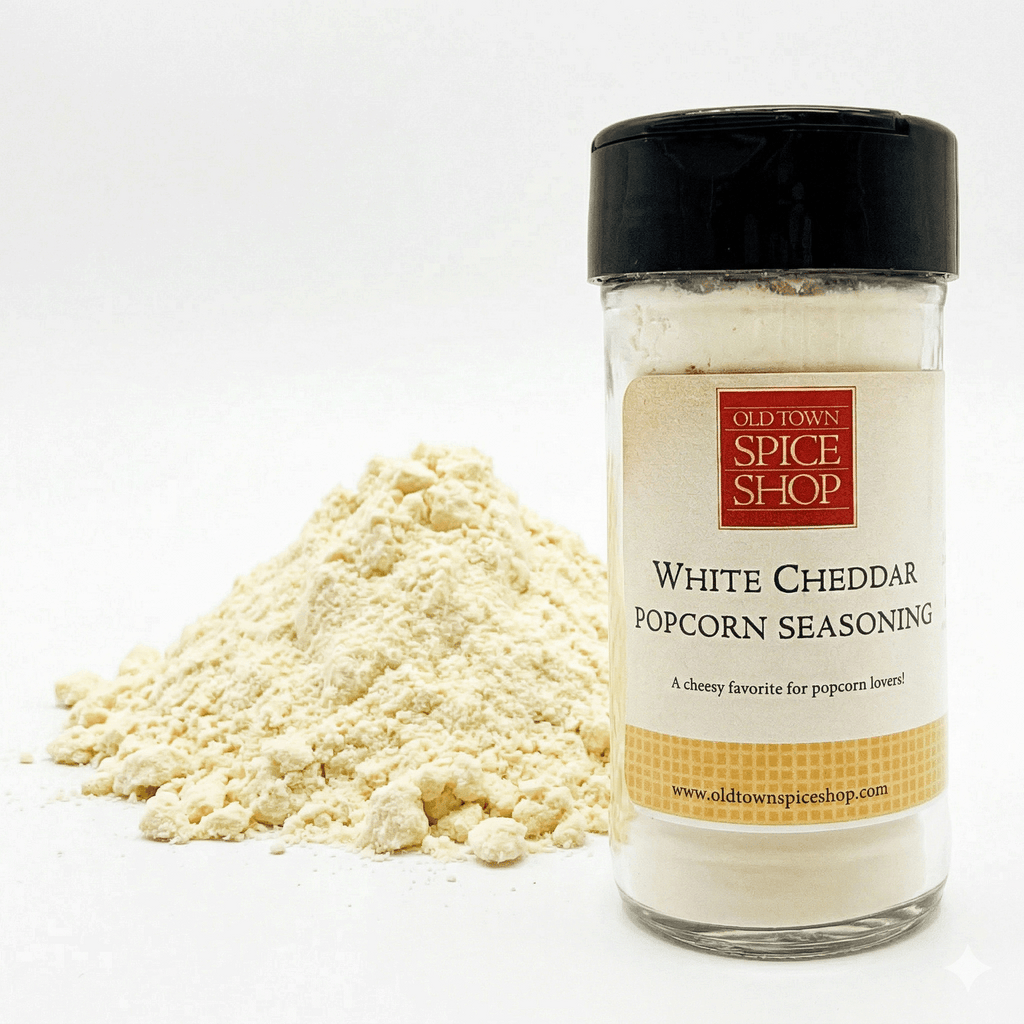 Jar of Old Town Spice Shop White Cheddar Popcorn Seasoning with a white background