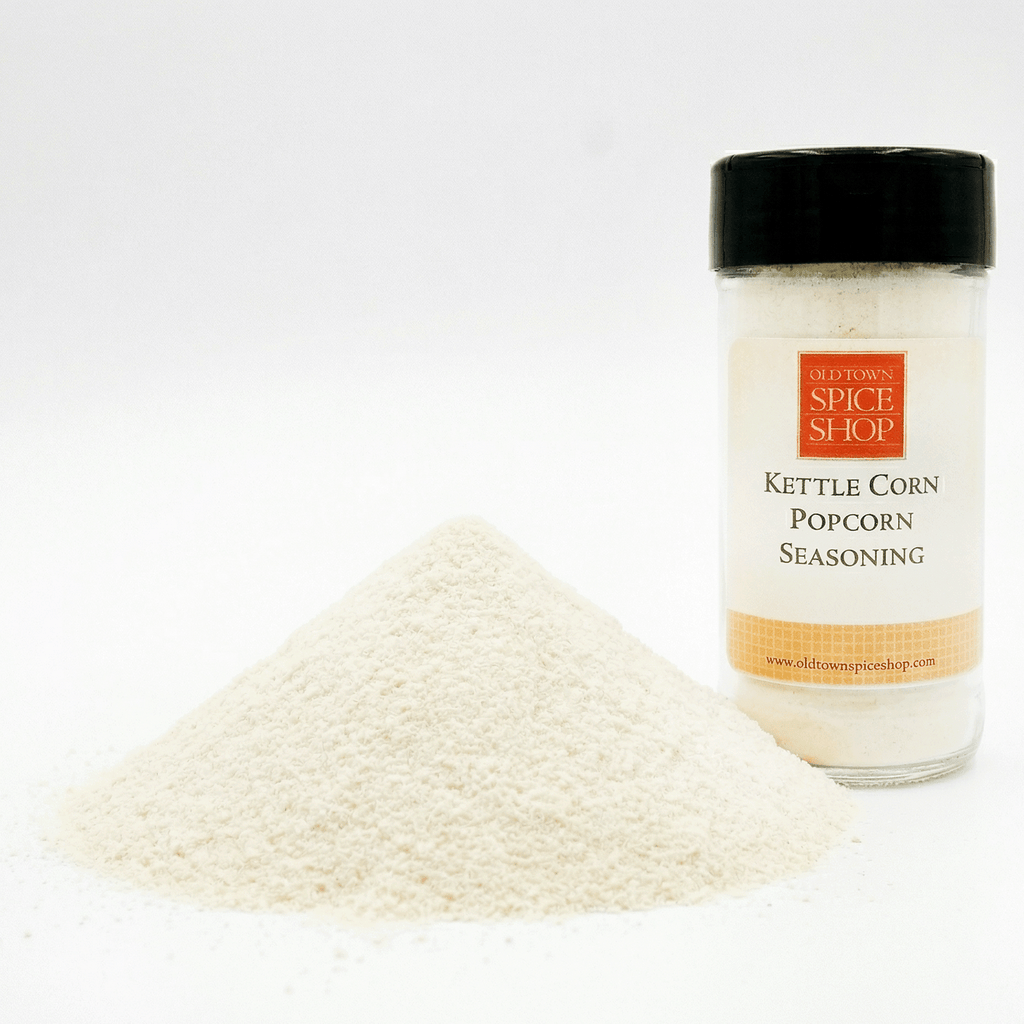 Kettle Corn Popcorn Seasoning container with seasoning on a white background