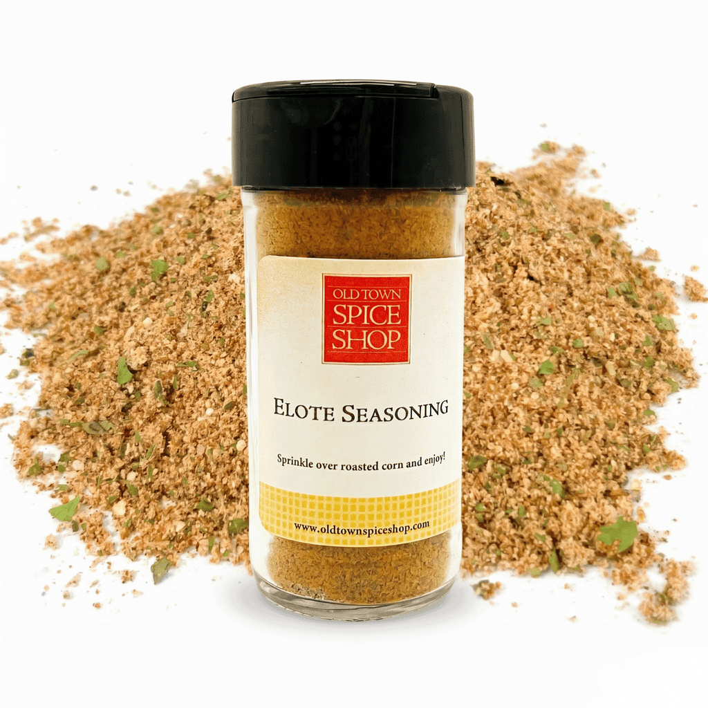 Jar of Old Town Spice Shop Elote Seasoning with scattered seasoning on a white background