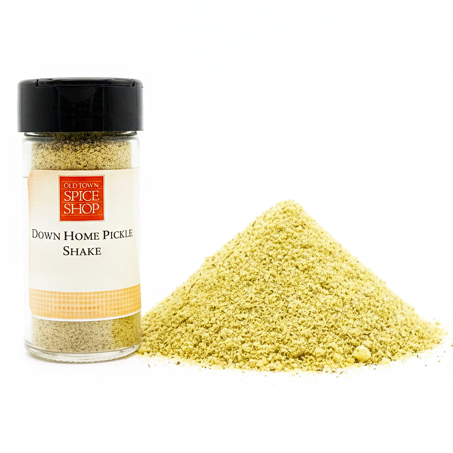 Spice jar labeled 'Down Home Pickle Shake' from Old Town Spice Shop with a white background