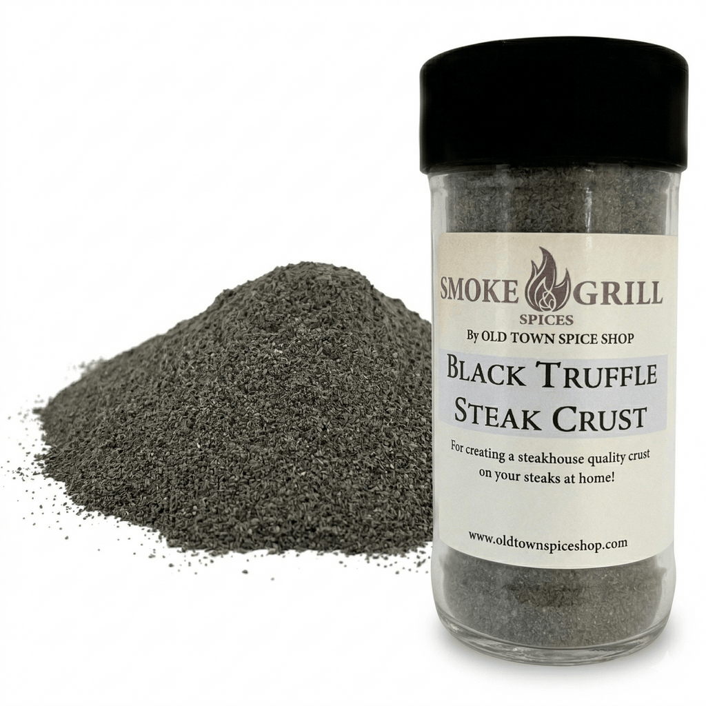 Jar of Black Truffle Steak Crust spice mix with a black lid on a white background