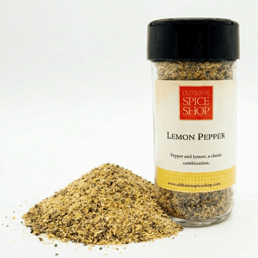 Jar of Old Town Spice Shop Lemon Pepper with a white background