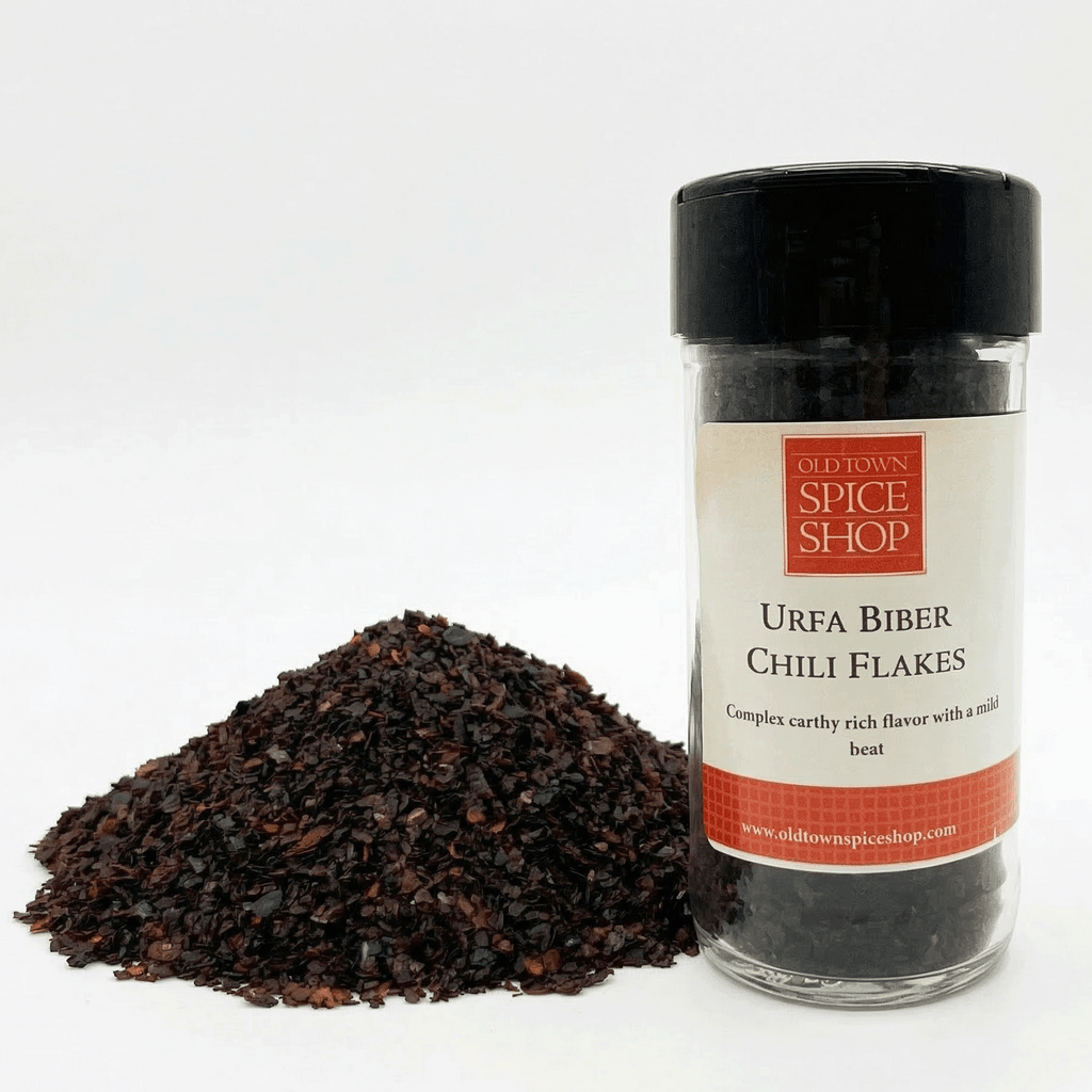 Jar of Old Town Spice Shop Urea Biber Chili Flakes with chili flakes on a white background