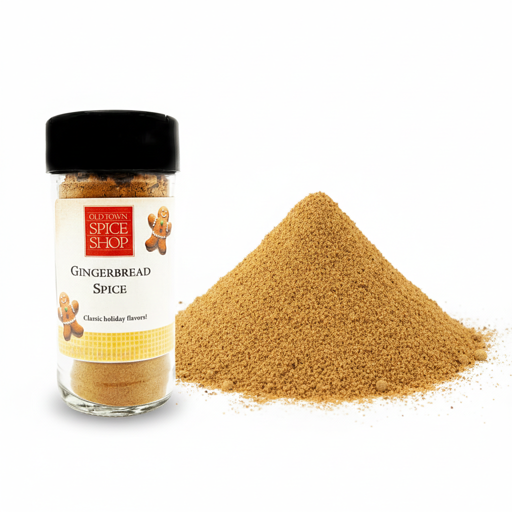 Jar of gingerbread spice from The Spice Shop with a pile of gingerbread spice on a white background