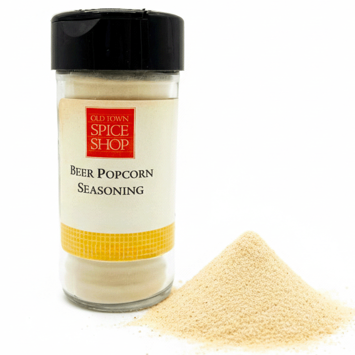 Jar of Old Town Spice Shop Beer Popcorn Seasoning on a white background
