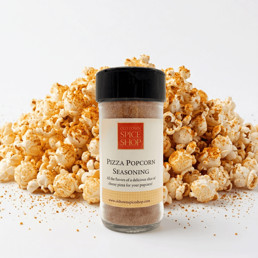 Pizza Popcorn Seasoning container with a pile of popcorn on a white background