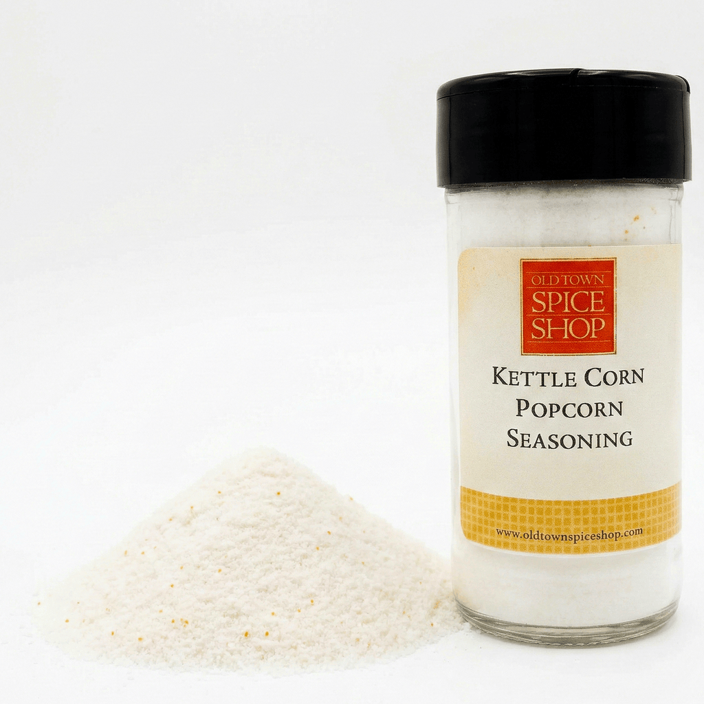 Kettle Corn Popcorn Seasoning container from Old Town Spice Shop on a white background