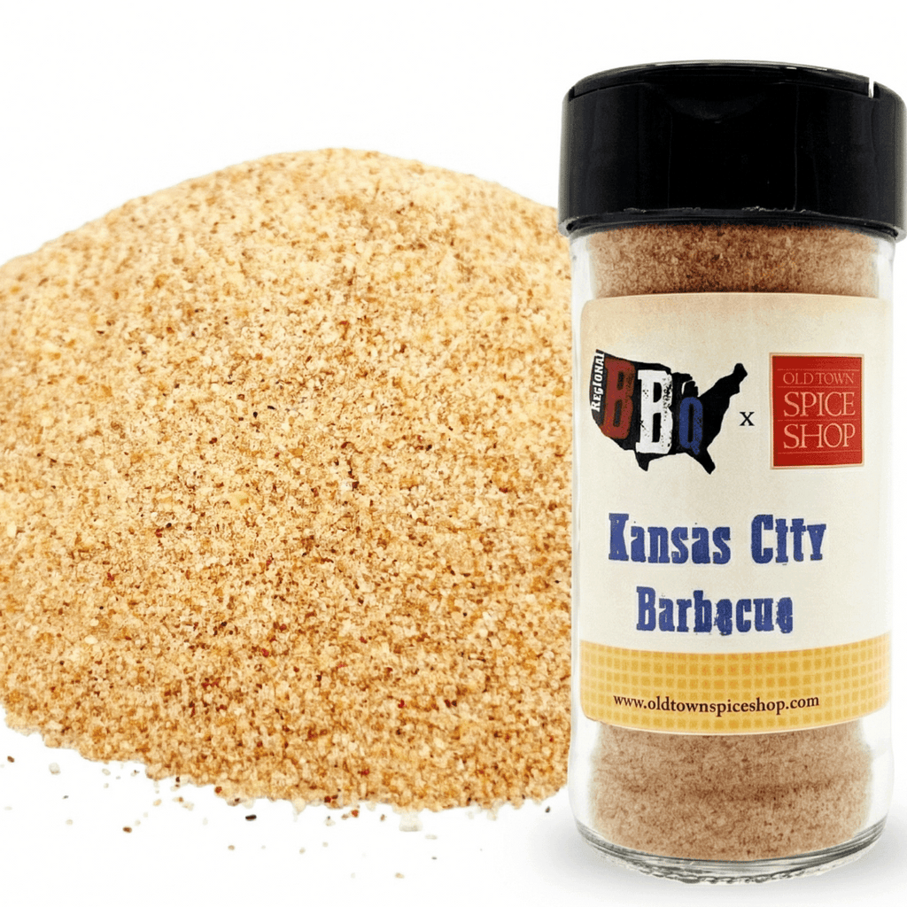 Jar of Kansas City Barbecue spice blend with visible spice powder on a white background