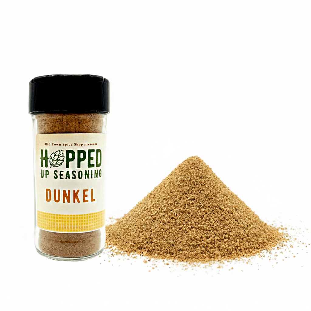 Jar of 'Hopped Up Seasoning Dunkel' with spilled seasoning on a white background