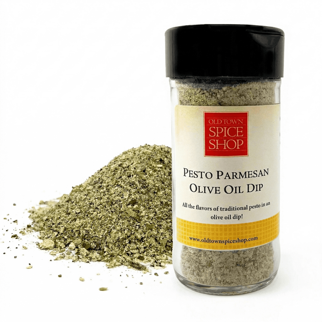 Bottle of Pesto Parmesan Olive Oil Dip from Old Town Spice Shop with a white background