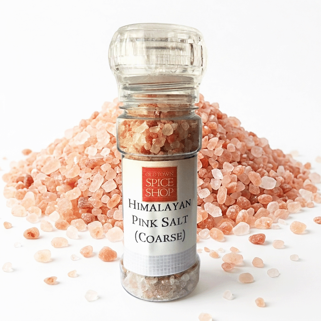 Himalayan pink salt shaker with salt crystals on a white background