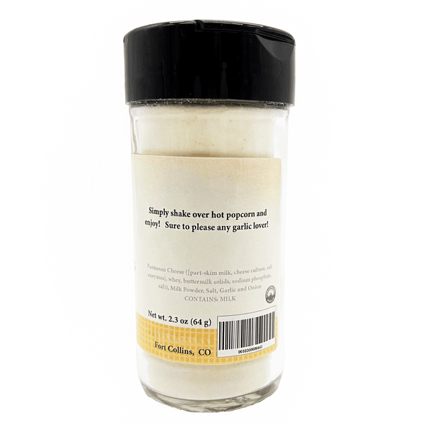Jar of popcorn seasoning with label on a white background