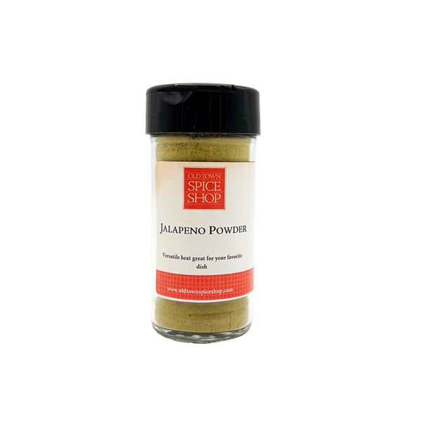 Jalapeno powder jar from The Spice Shop on a white background