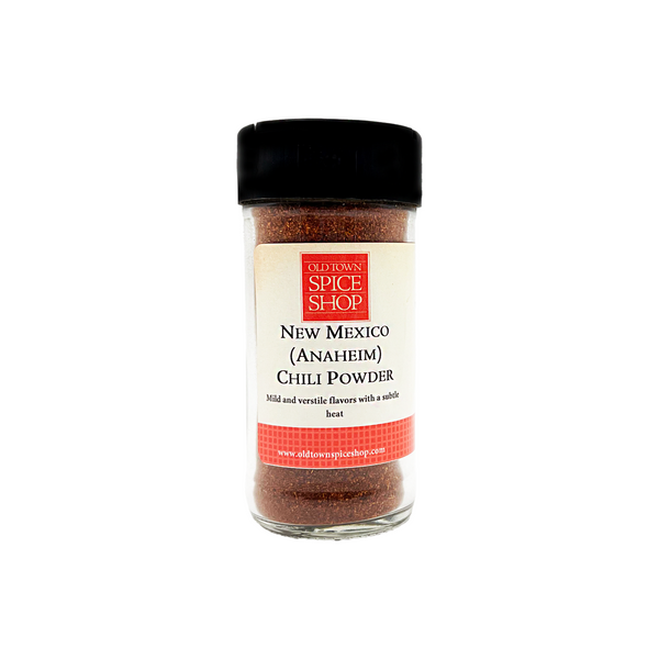Jar of New Mexico Ancho chili powder from Spice Shop on a white background
