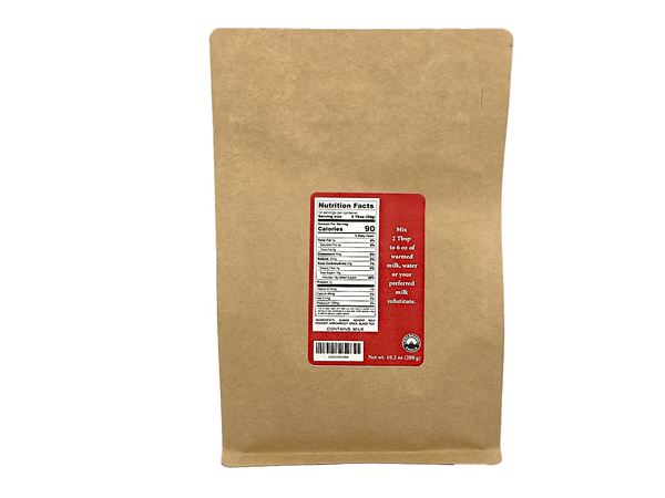 Kraft paper bag with a red label on a white background