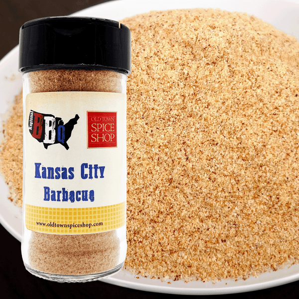 Jar of Kansas City Barbecue spice blend from Old Town Spice Shop with a close-up of the spice on a plate.