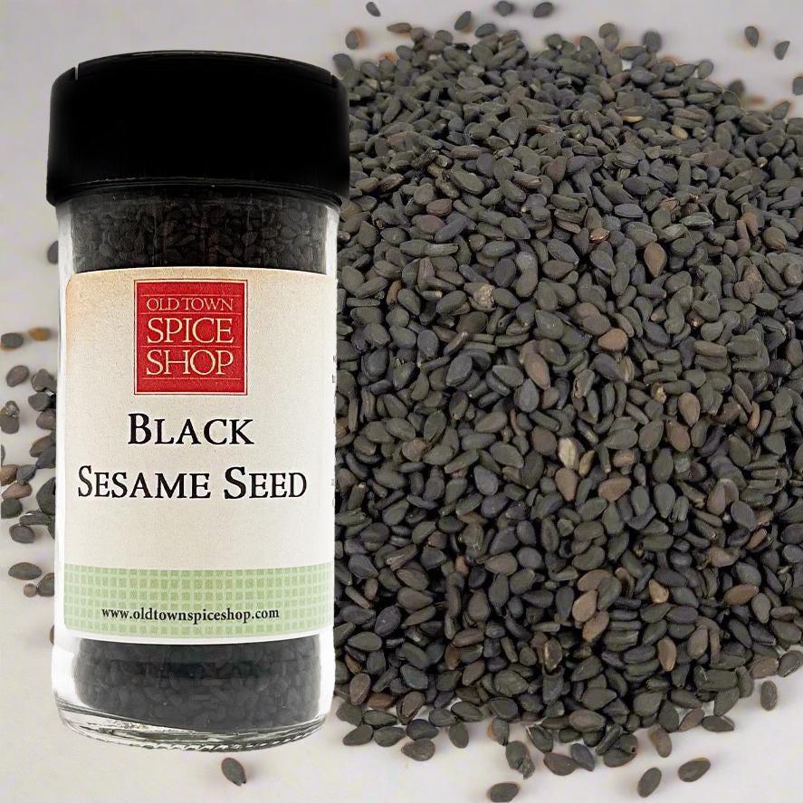 Black sesame seeds in a jar with a visible label from Old Town Spice Shop.