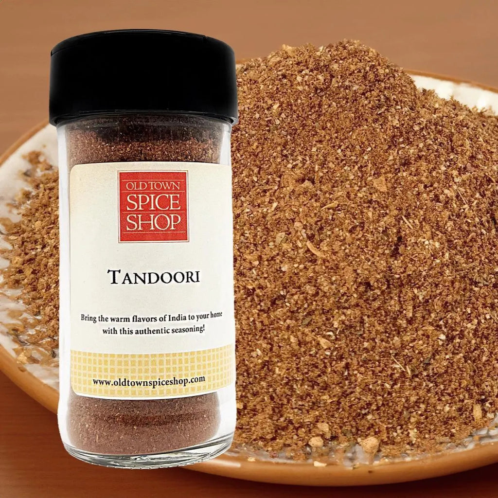 Tandoori spice jar from Old Town Spice Shop with a brown background